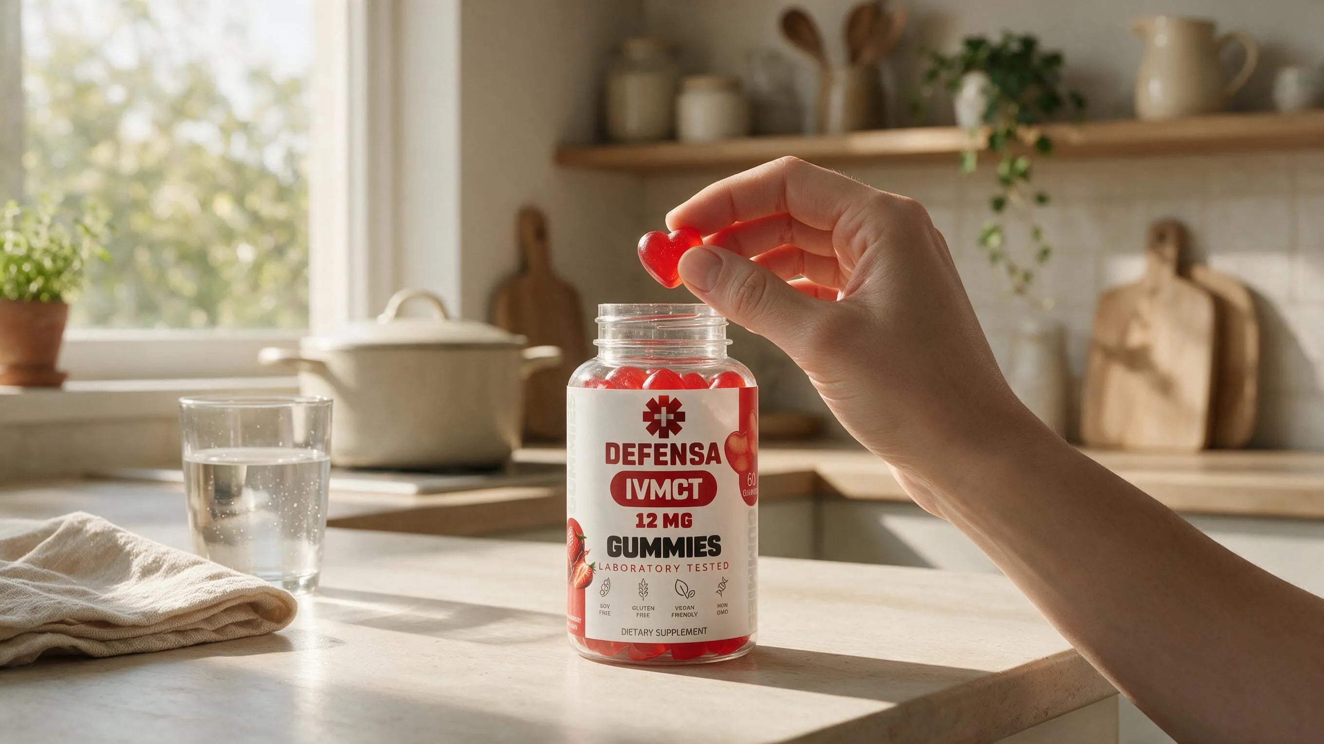 A hand lifting one gummy from the open jar on a kitchen counter in morning light