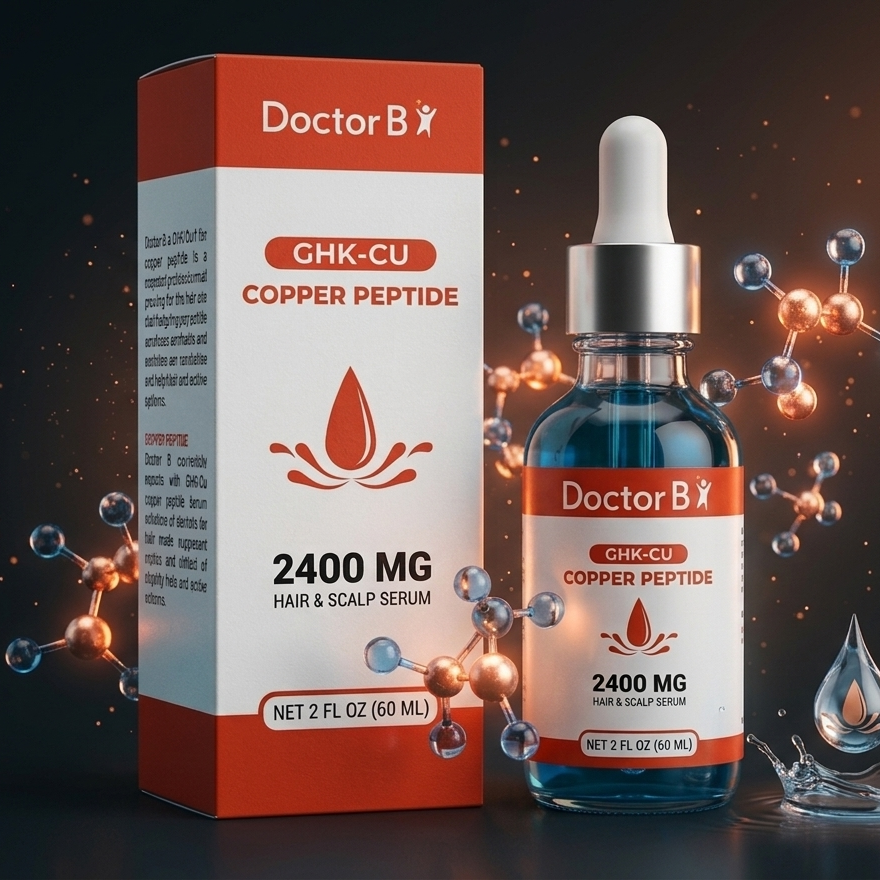 Doctor B GHK-CU Copper Peptide hair and scalp serum packaging and bottle on a dark background