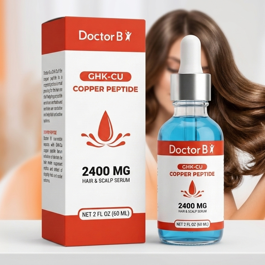 Doctor B GHK-CU Copper Peptide hair and scalp serum packaging with a woman with long brown hair.