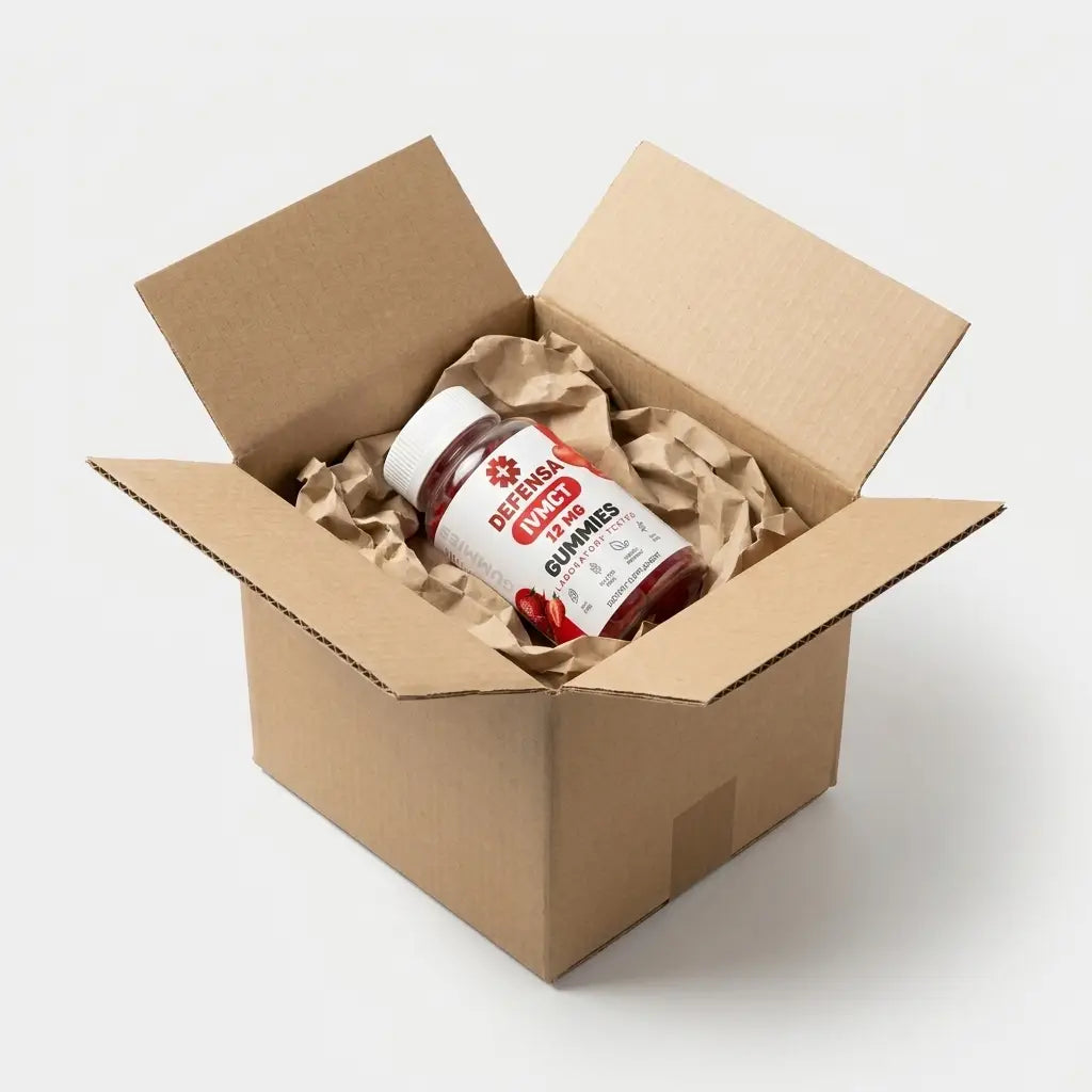 The bottle packed in a plain kraft mailer with paper fill
