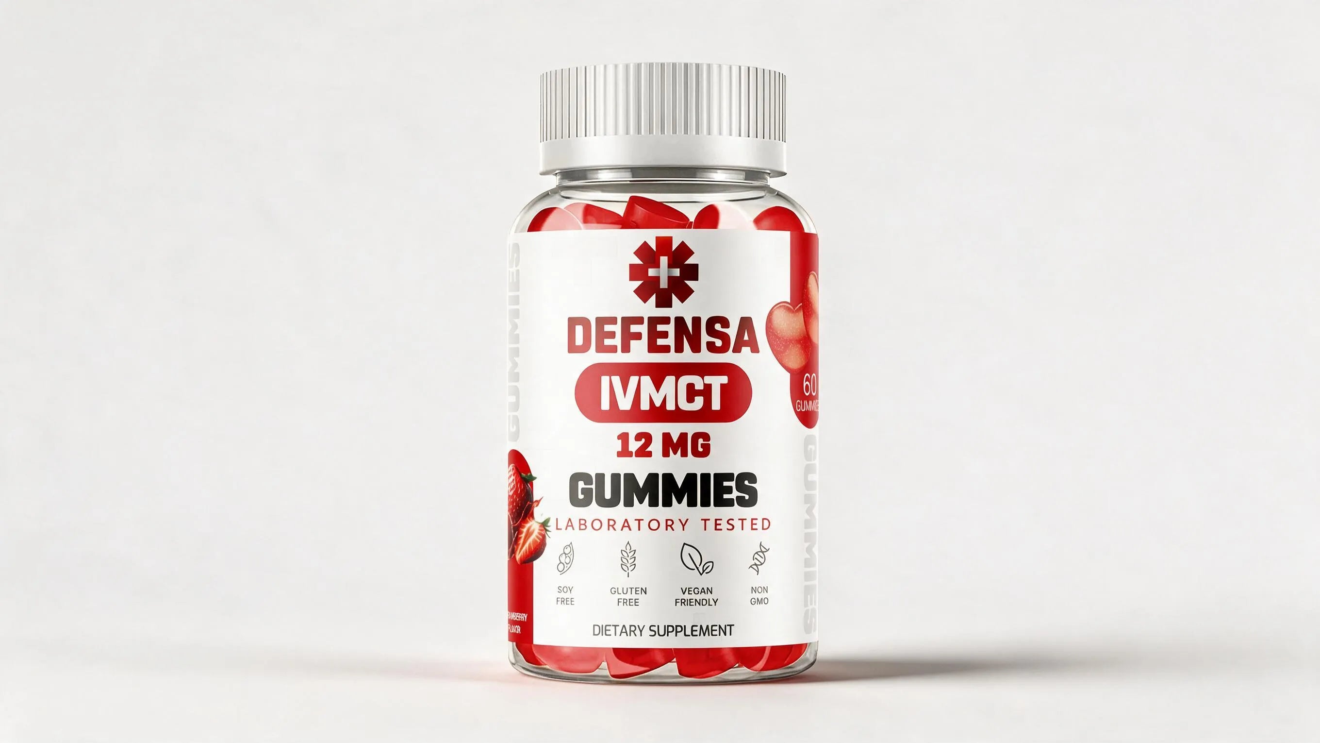 The sealed DEFENSA gummy bottle, straight on